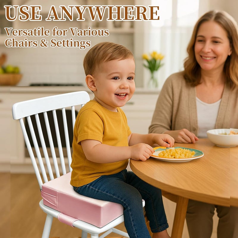 AAAini Toddler Booster Seat for Dining Table – PU Washable Cushion with Double Safe Straps, Non-Slip Bottom, Portable Travel Booster Seat for Toddlers (Pink) - Image 2